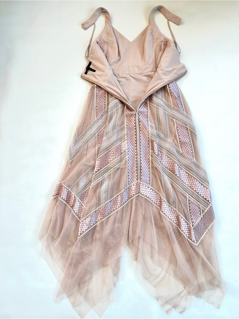 BCBGMAXAZARIA PINK/NUDE/METALLIC TULLE ETHEREAL GODDESS HANDKERCHIEF DRESS Sz2 - Picture 12 of 16